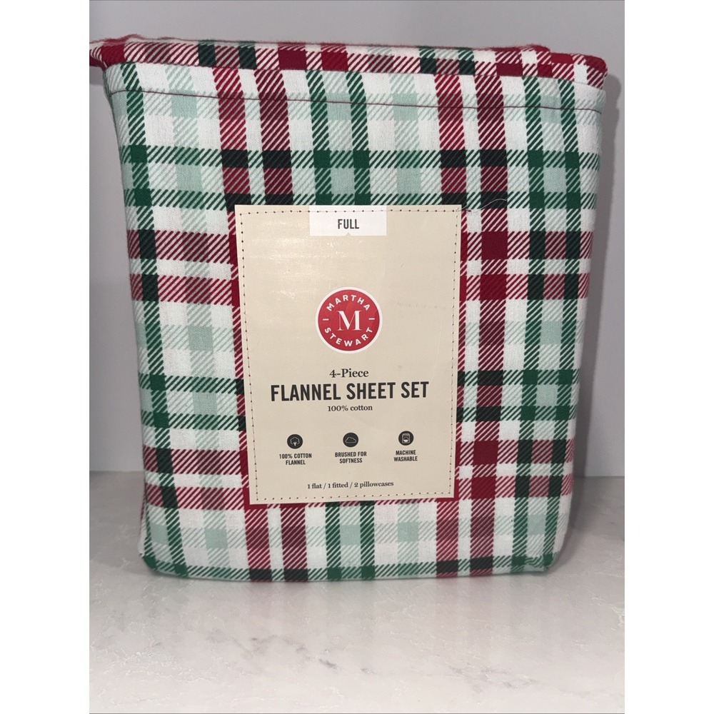 NEW Martha Stewart Flannel Full Set 4 Pc. Flat Fitted Pillowcase Holly Holiday